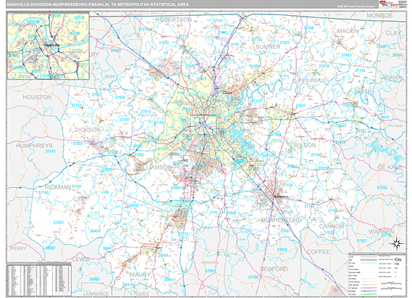 Nashville-Davidson-Murfreesboro-Franklin, TN Metro Area Wall Map